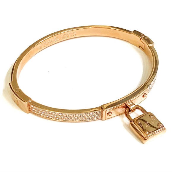 Michael Kors Rose Gold Padlock Charm Rhinestone Clasp MKJ3020 Bracelet EUC - Picture 1 of 4